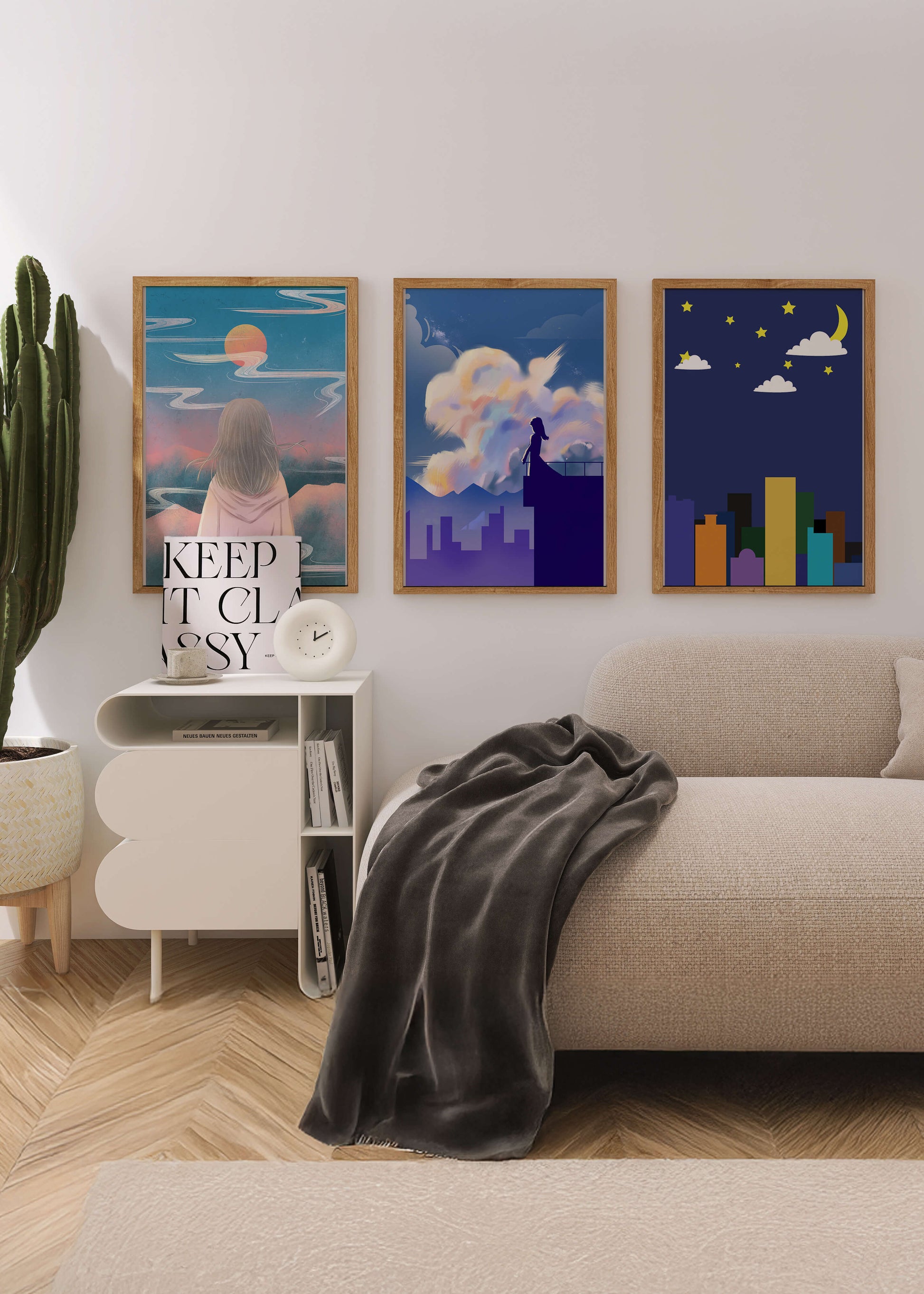 Ensemble de trois tableaux modernes avec des paysages imaginaires