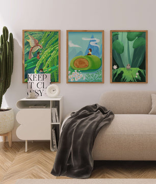 Mur Avec Trois Impressions Artistiques De Paysages Naturels Oniriques