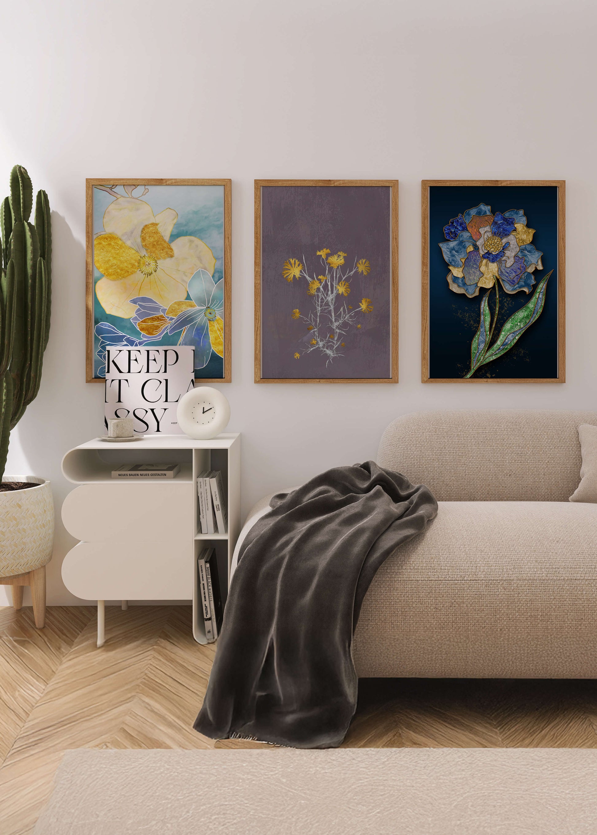 Art floral moderne avec des motifs de fleurs et des éléments dorés