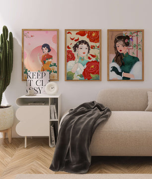 Conjunto De Impresiones Artísticas Inspiradas En Moda Asiática Con Elementos De Flores