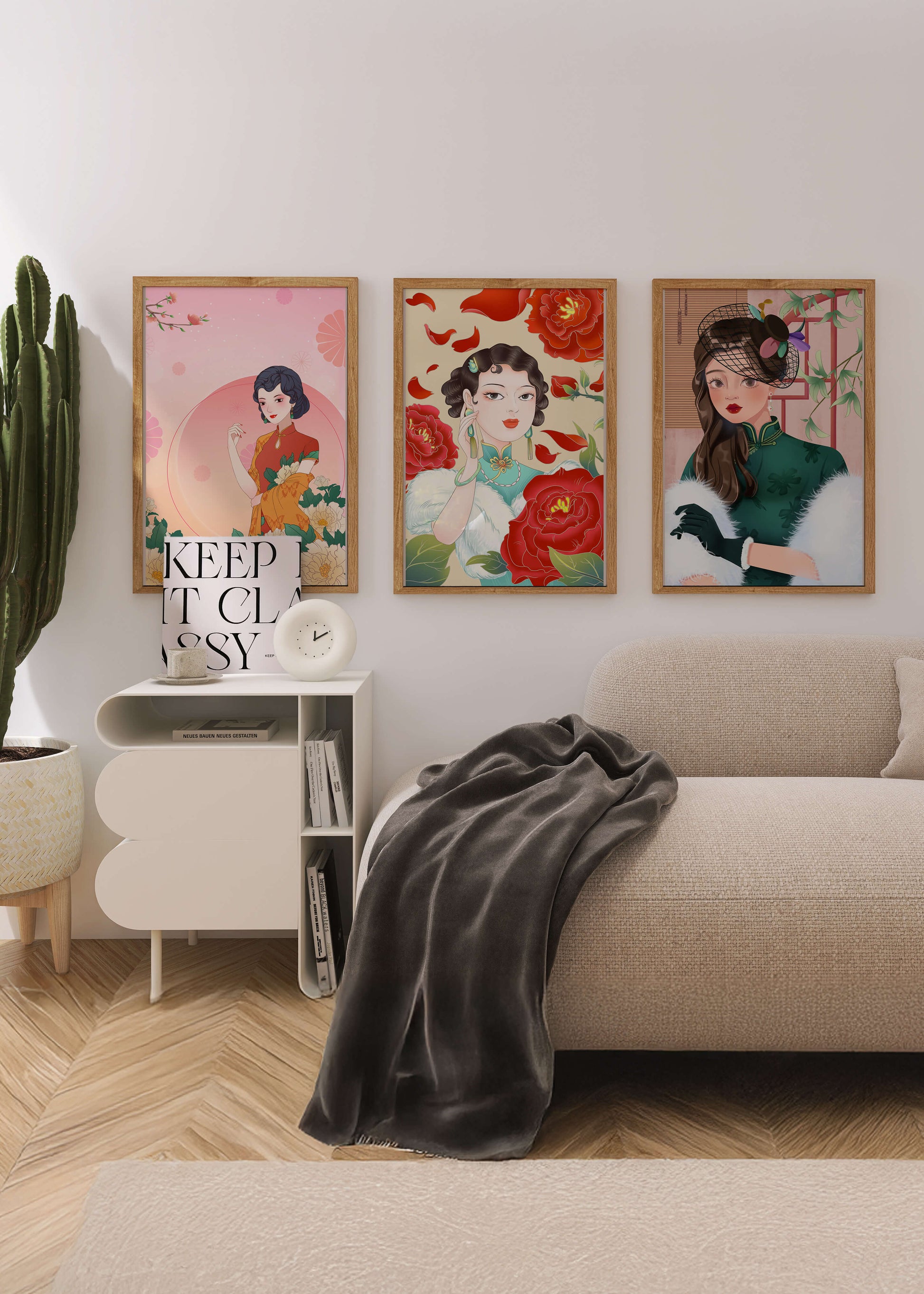 Conjunto De Impresiones Artísticas Inspiradas En Moda Asiática Con Elementos De Flores