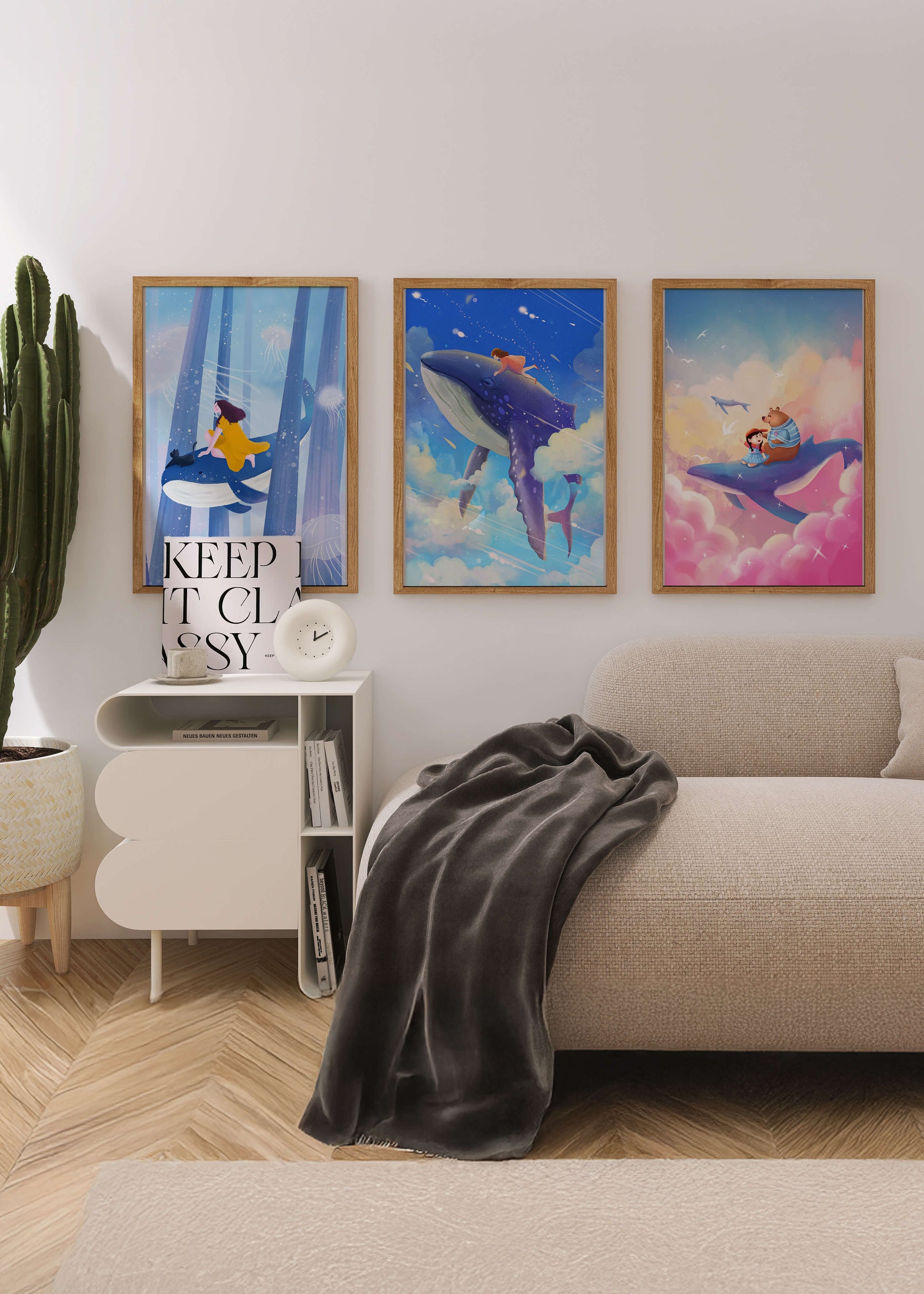 Tableaux fantastiques avec des baleines volantes pour décoration enfantine