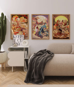 Triptyque d'art fantastique avec des personnages imaginaires