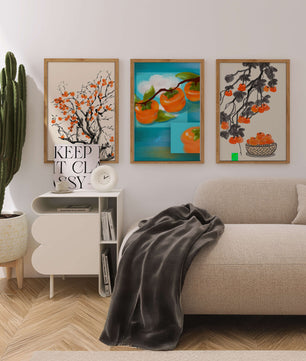 Tableaux avec motifs de kakis dans des tons orange et bleu