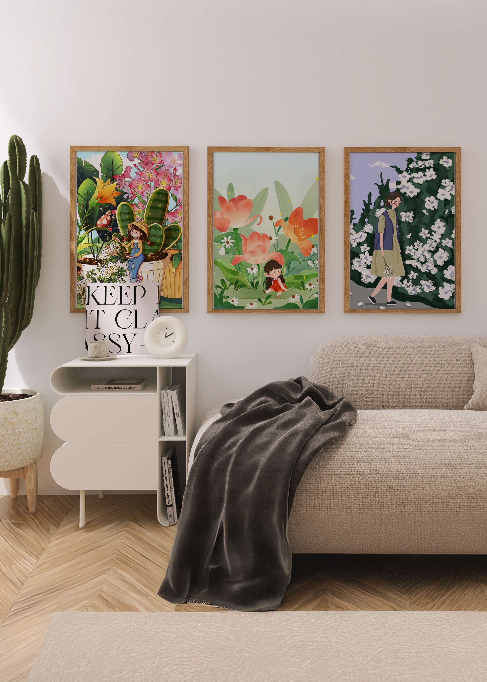 Tríptico de Ilustraciones Florales y Personajes