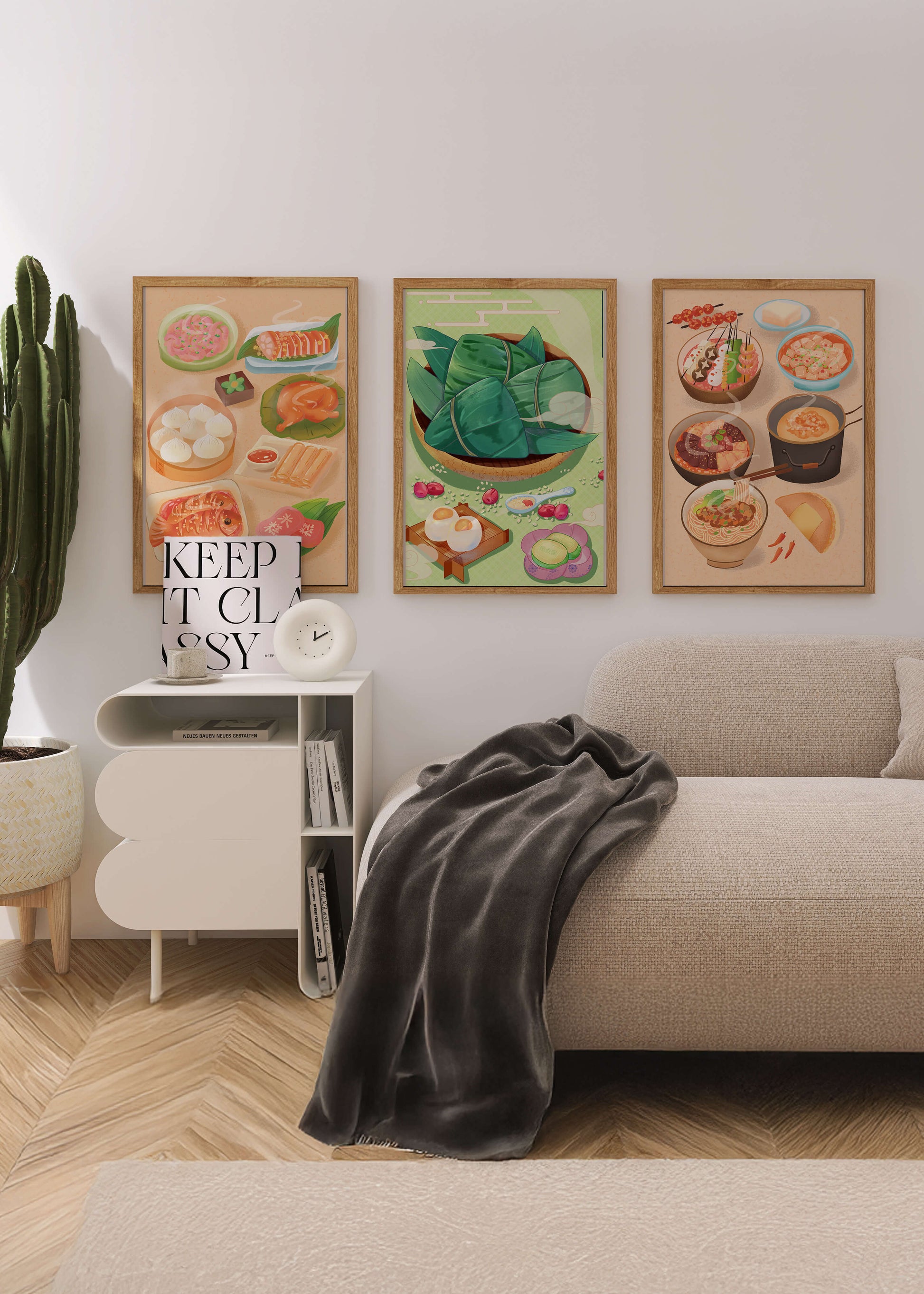 Pósters Ilustrados de Comida Temática Oriental Sobre Piso de Madera