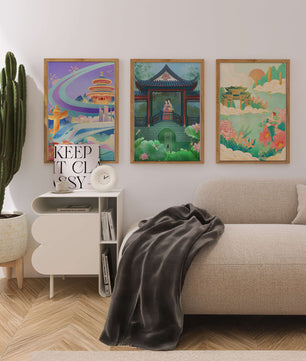 Asiatische Illustrationen mit floralen und architektonischen Elementen