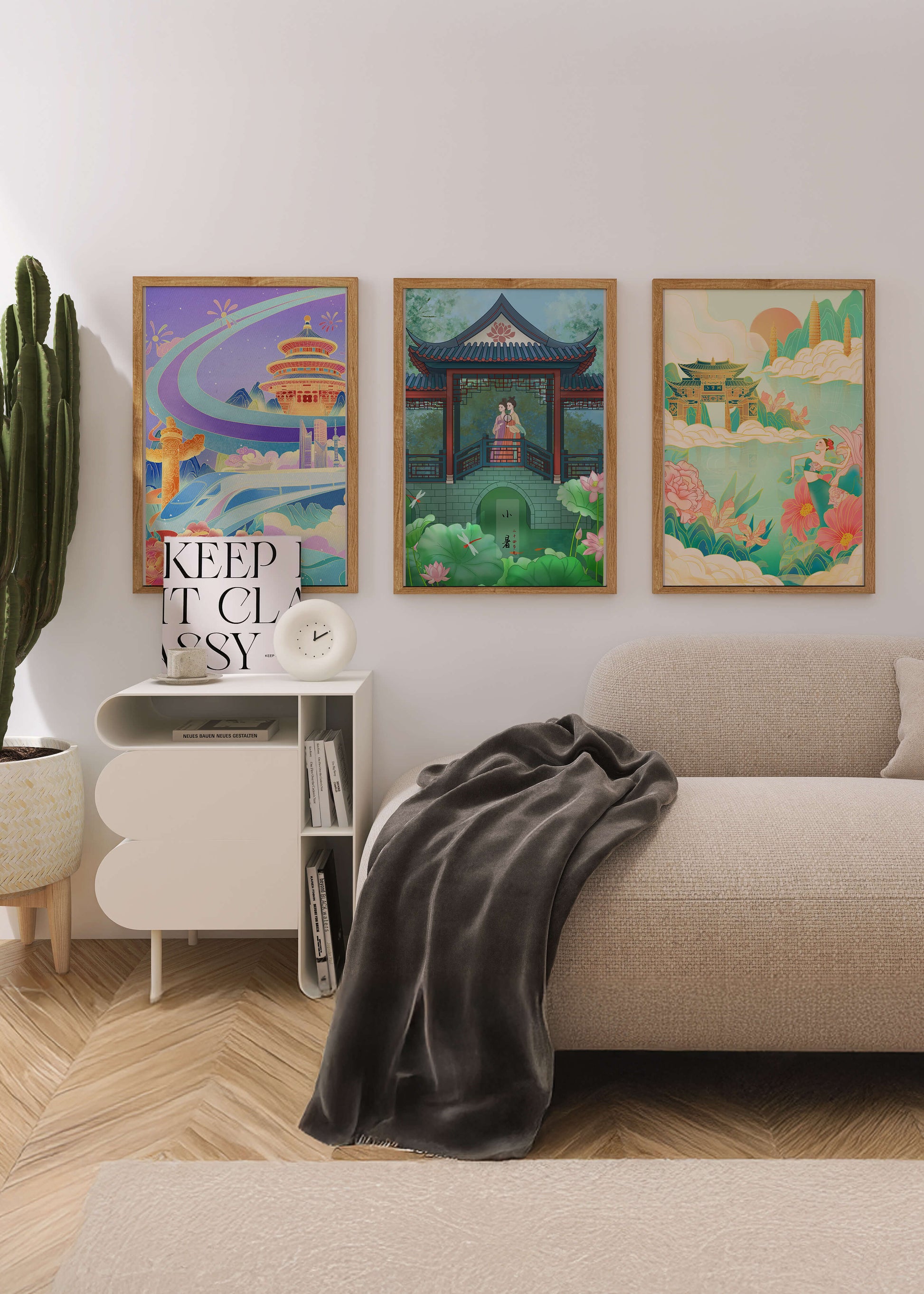 Asiatische Illustrationen mit floralen und architektonischen Elementen