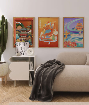Piezas de Arte Cultural con Elementos Asiáticos y Motivos Tradicionales
