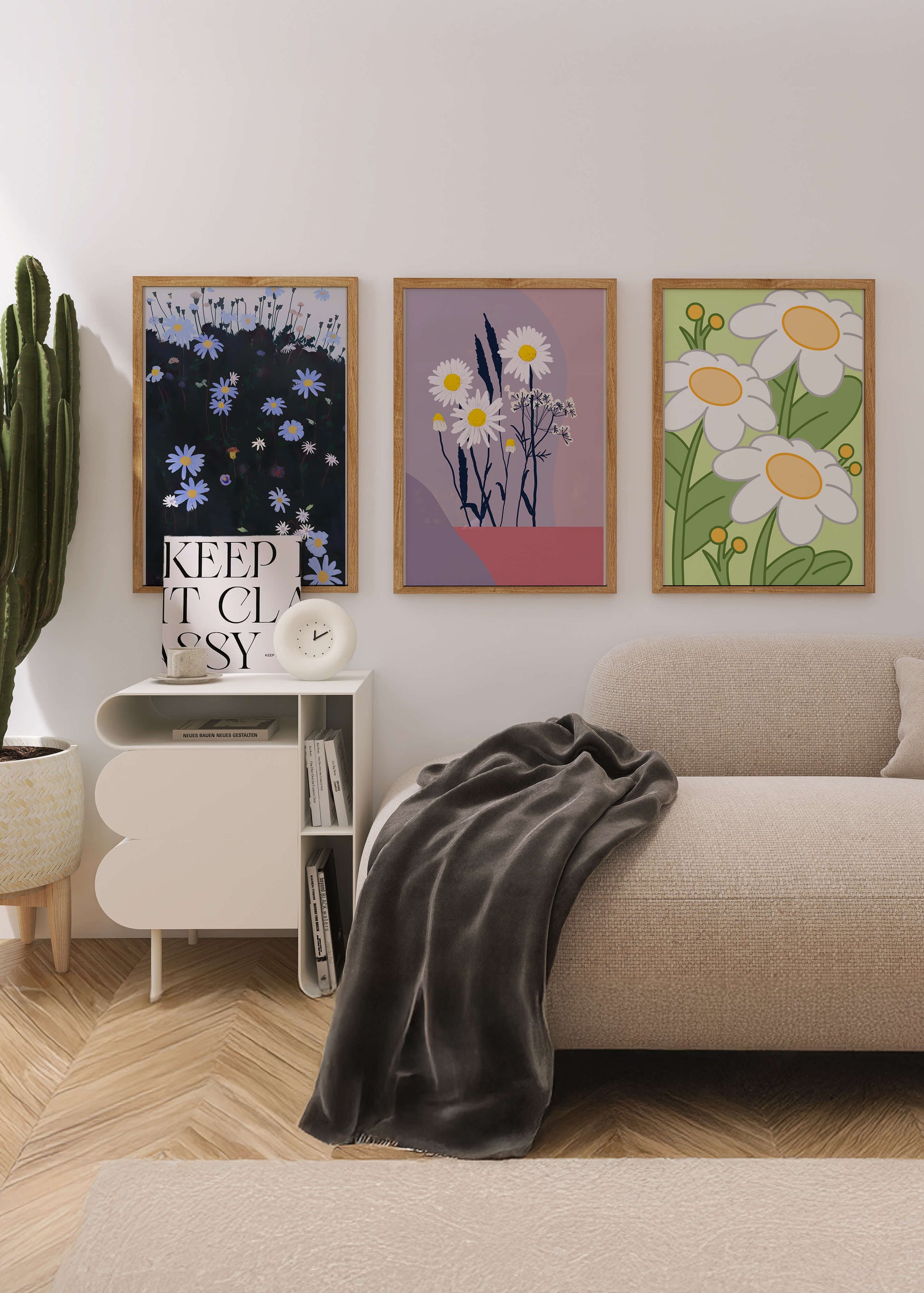 Triptyque d'art floral avec des marguerites en couleurs pastel