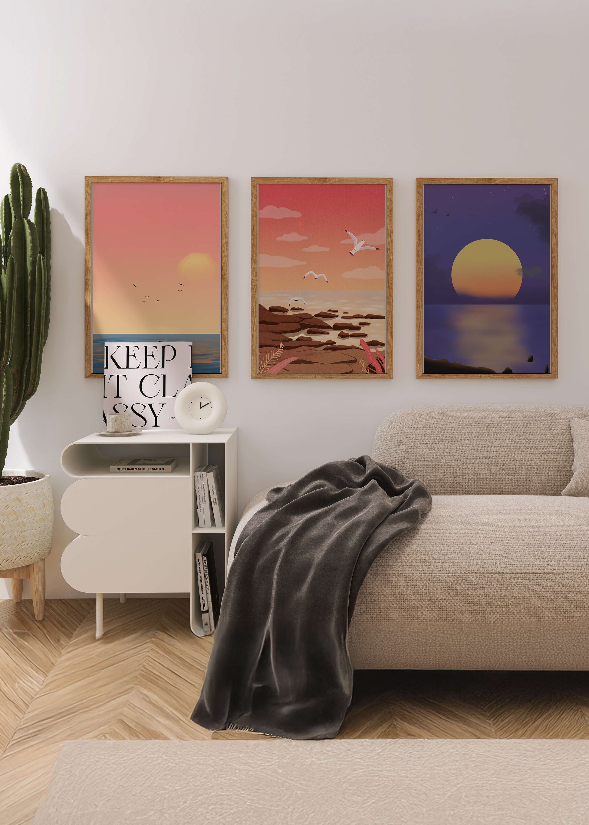 Ensemble de tableaux avec des paysages au coucher et au lever du soleil