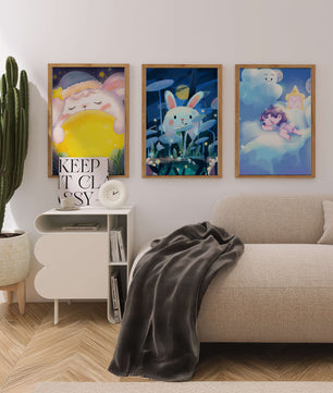 Illustrations de lapin et d'enfant dans un environnement nocturne