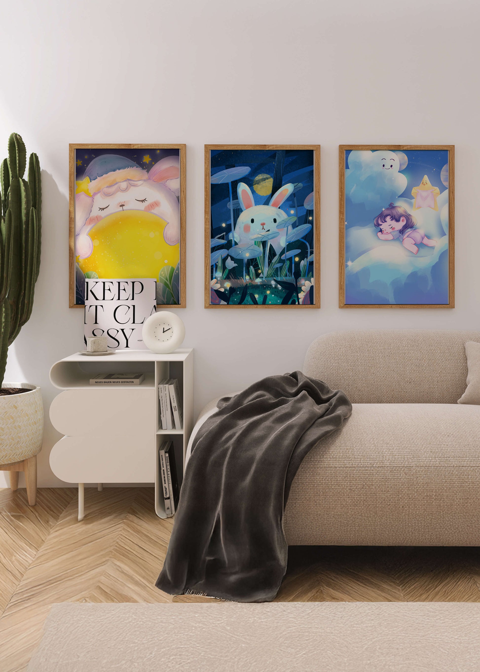 Illustrations de lapin et d'enfant dans un environnement nocturne