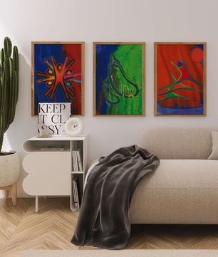 Conjunto de Tres Obras de Arte Abstracto con Elementos en Colores Vibrantes