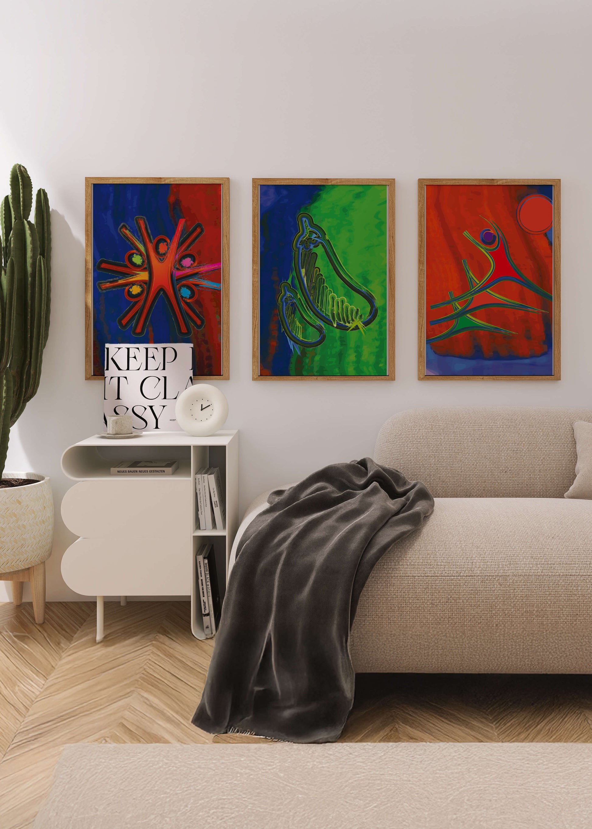 Conjunto de Tres Obras de Arte Abstracto con Elementos en Colores Vibrantes