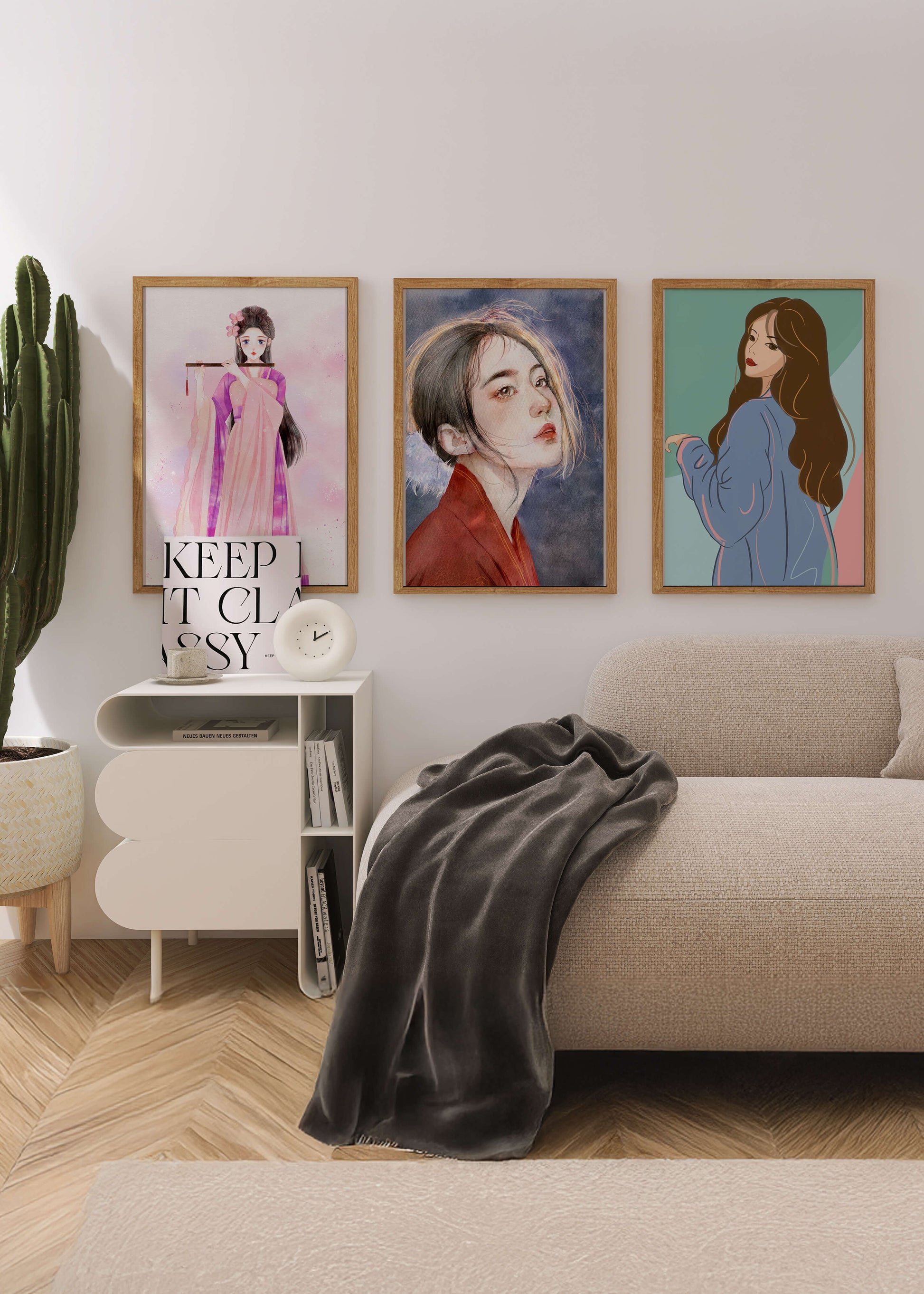 Tríptico de retratos femeninos en estilo moderno