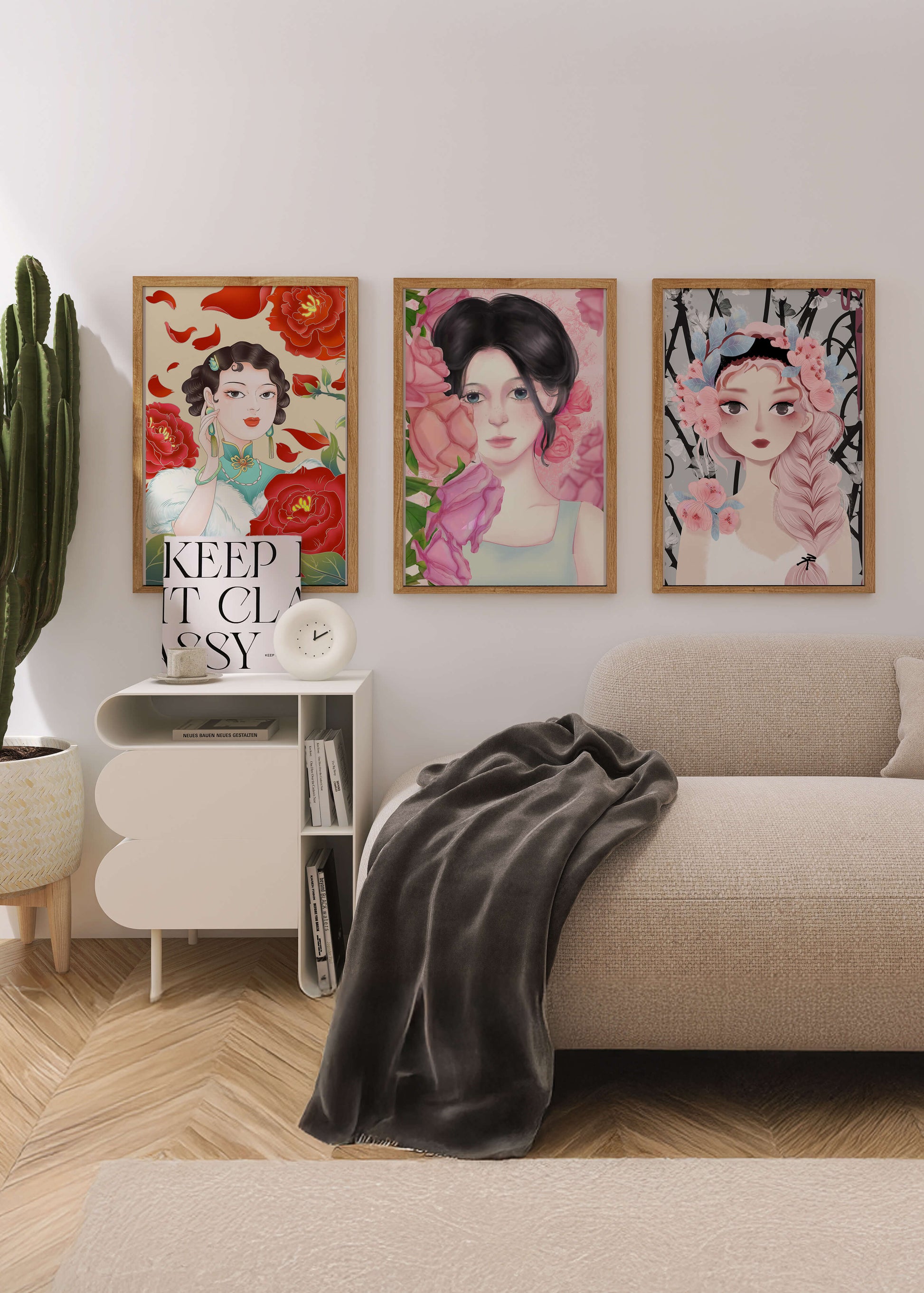 Ensemble de portraits féminins avec des fleurs dans un style artistique moderne
