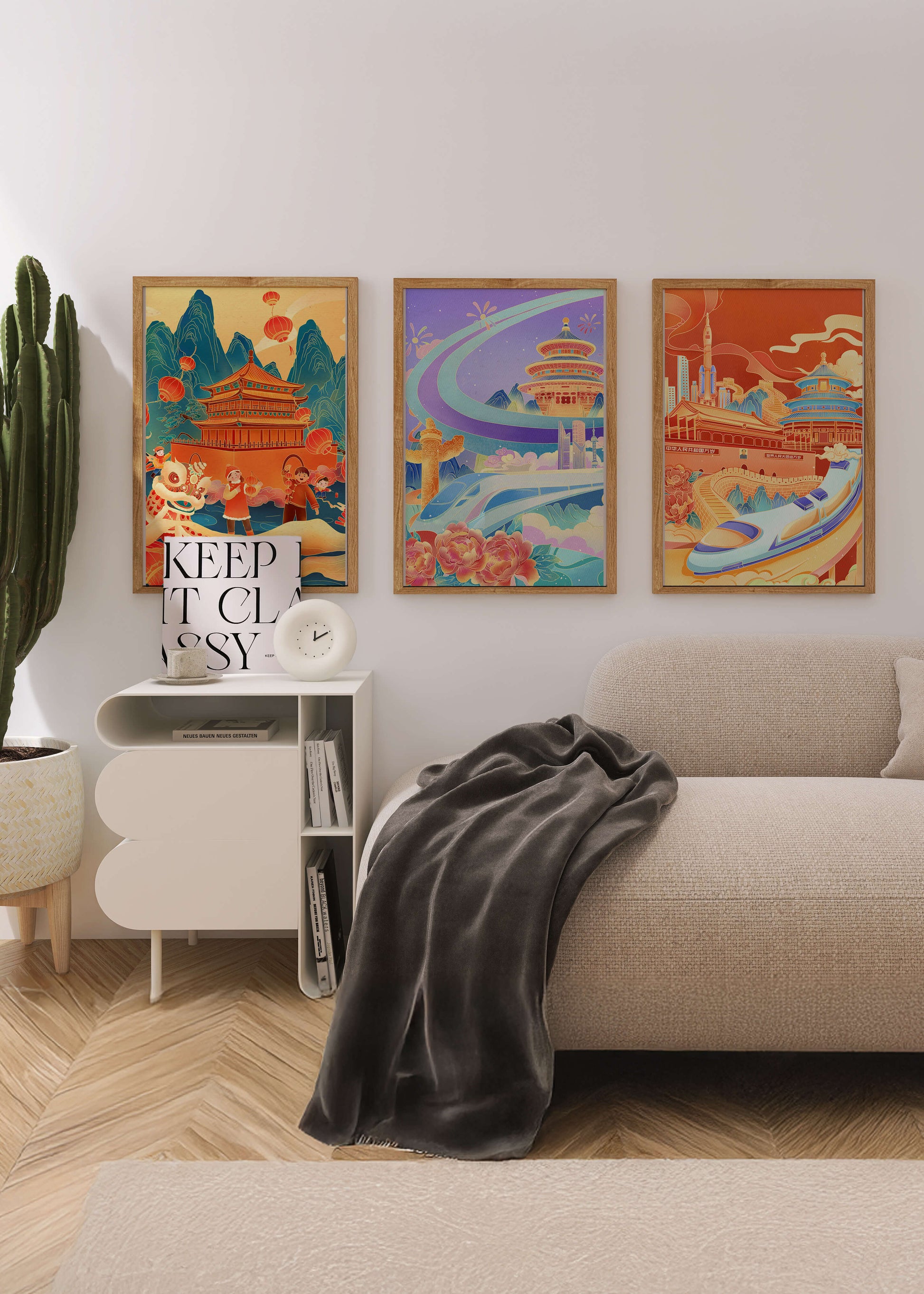 Posters de Arquitectura Asiática con Trenes y Danzas Tradicionales