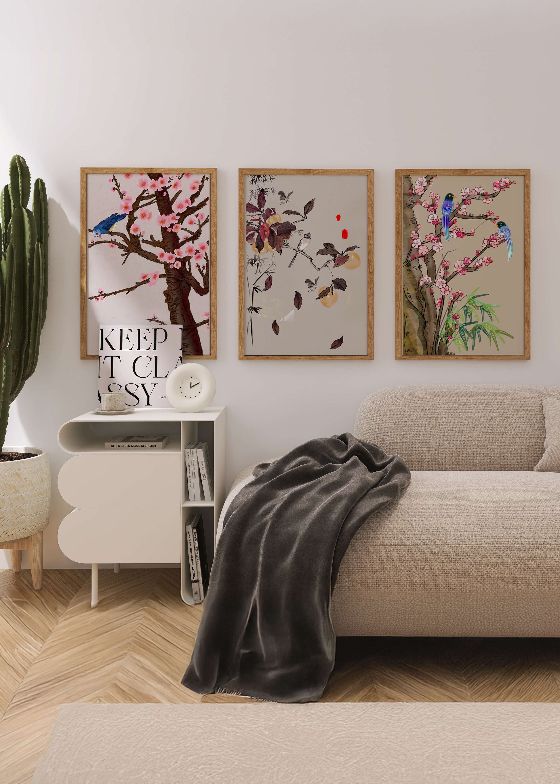 Dreier-Set mit Vogel- und Blumenmotiven im asiatischen Stil