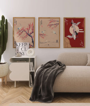 Ensemble de trois toiles avec grues et motifs naturels dans un style asiatique