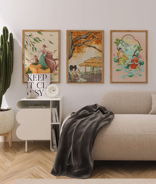Set asiatischer Kunst auf Leinwänden ohne Rahmen mit natürlichen Motiven