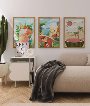 Ensemble d'illustrations estivales avec des fruits et des scènes tropicales