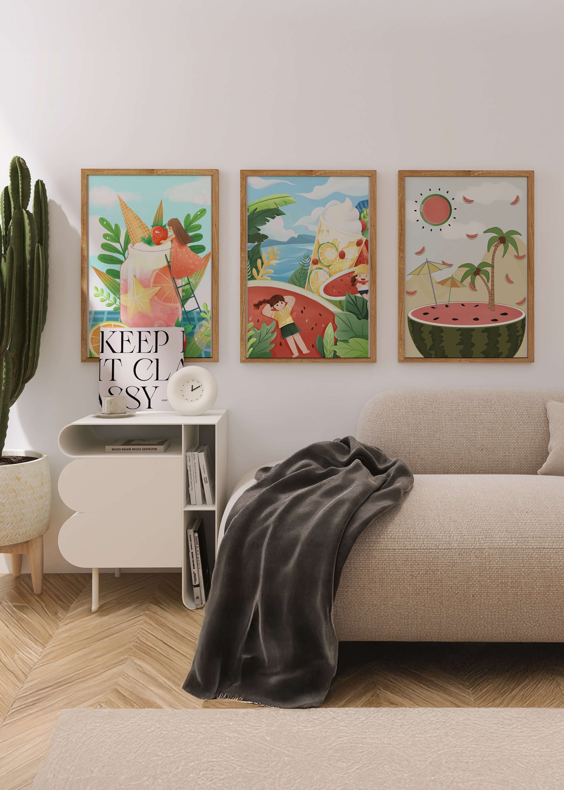 Conjunto de Ilustraciones Veraniegas con Frutas y Escenas Tropicales