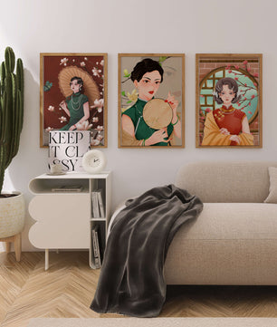 Cuadros Decorativos con Mujeres y Motivos Florales Asiáticos
