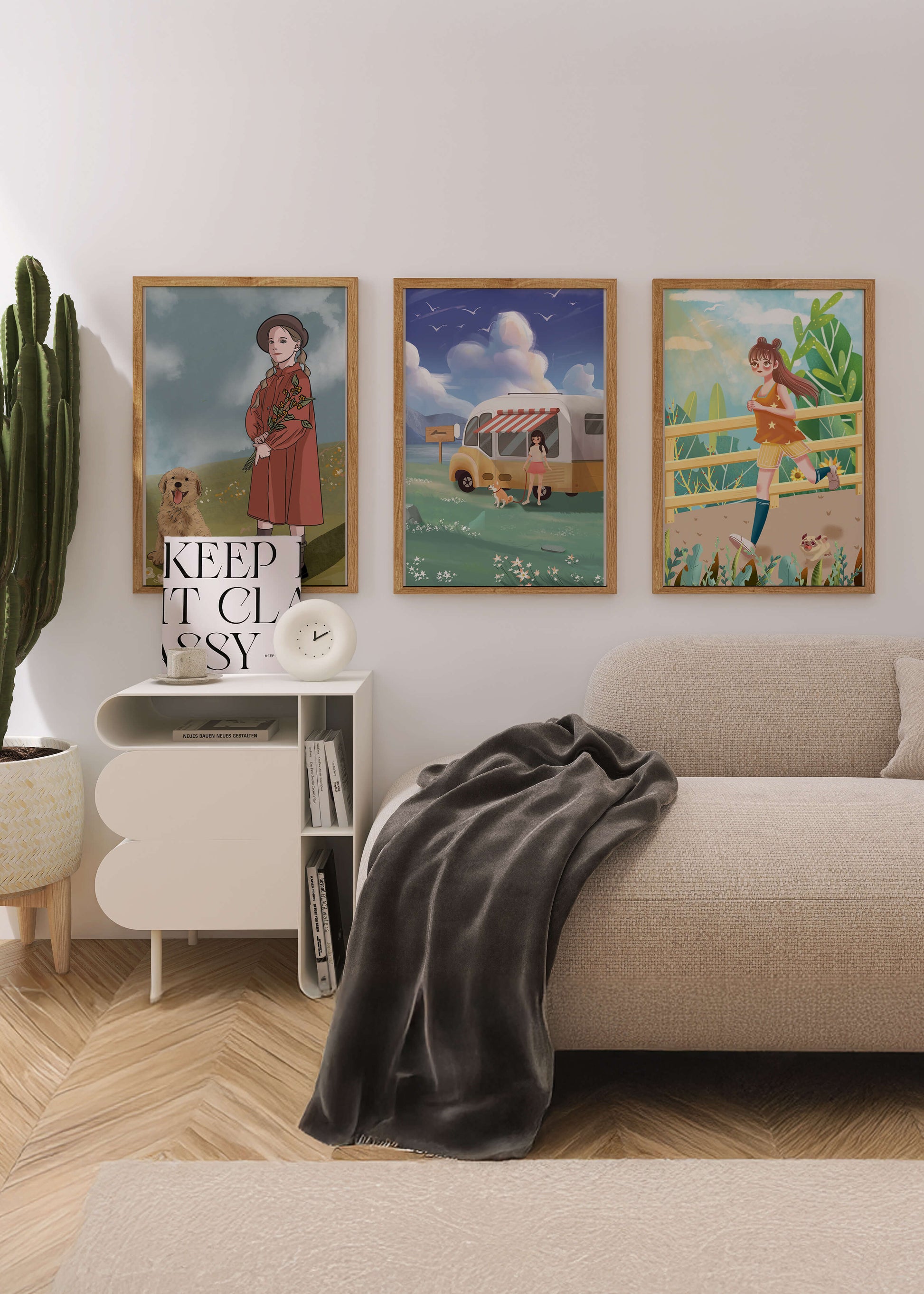 Conjunto de cuadros ilustrativos sin marco en ambiente moderno