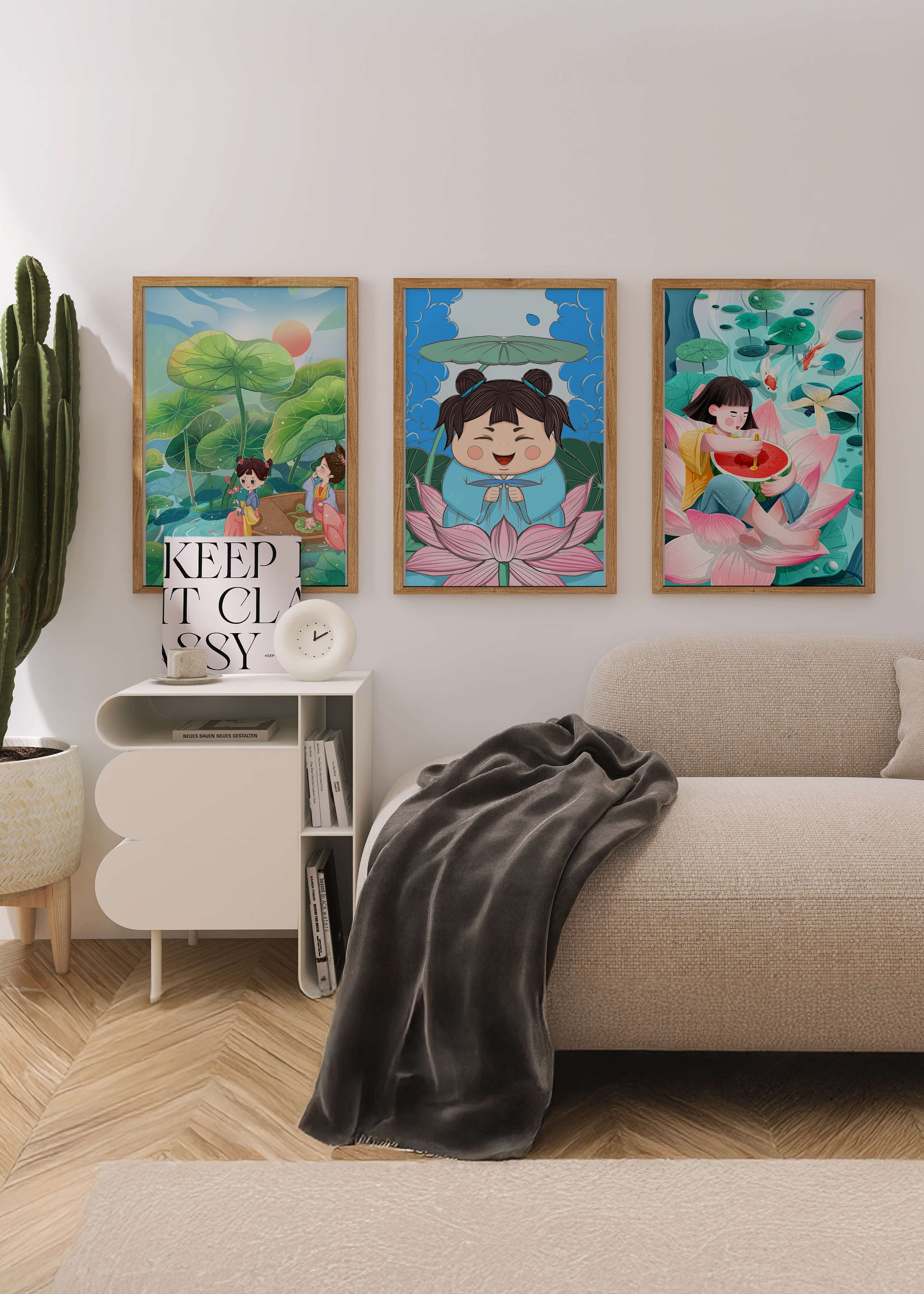 Trois illustrations d'enfants dans un style asiatique avec des éléments de la nature