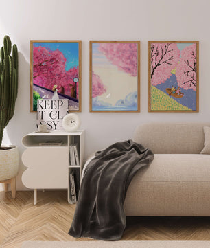 Ensemble de trois œuvres d'art avec des cerisiers