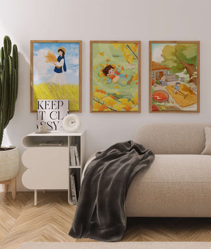 Triptyque d’illustrations d’automne avec des enfants et des paysages