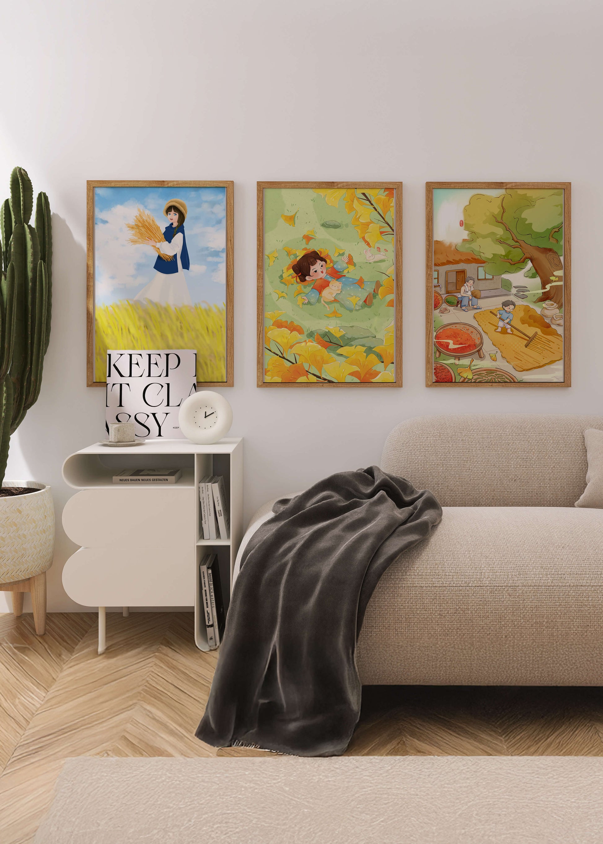 Tríptico de Ilustraciones de Otoño con Niños y Paisajes