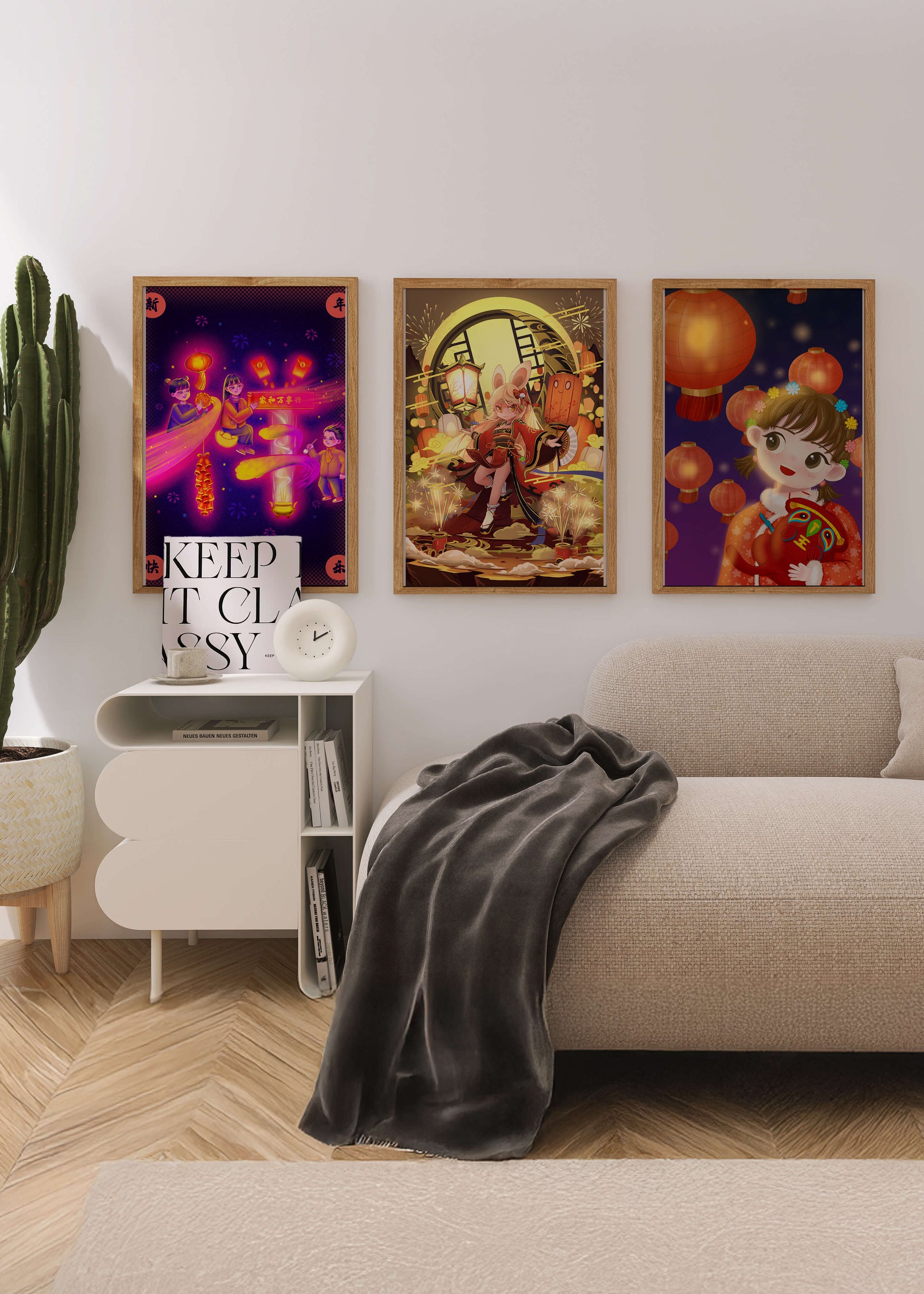 Impressions artistiques d’illustrations asiatiques avec des lanternes sur fond de bois clair