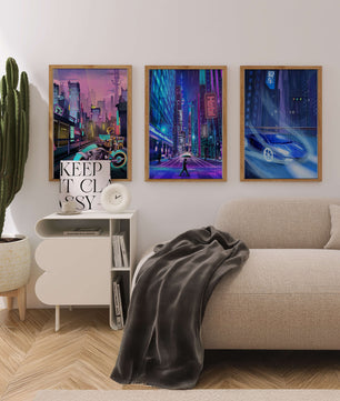 Ensemble d’impressions d’art futuriste avec des villes et des véhicules