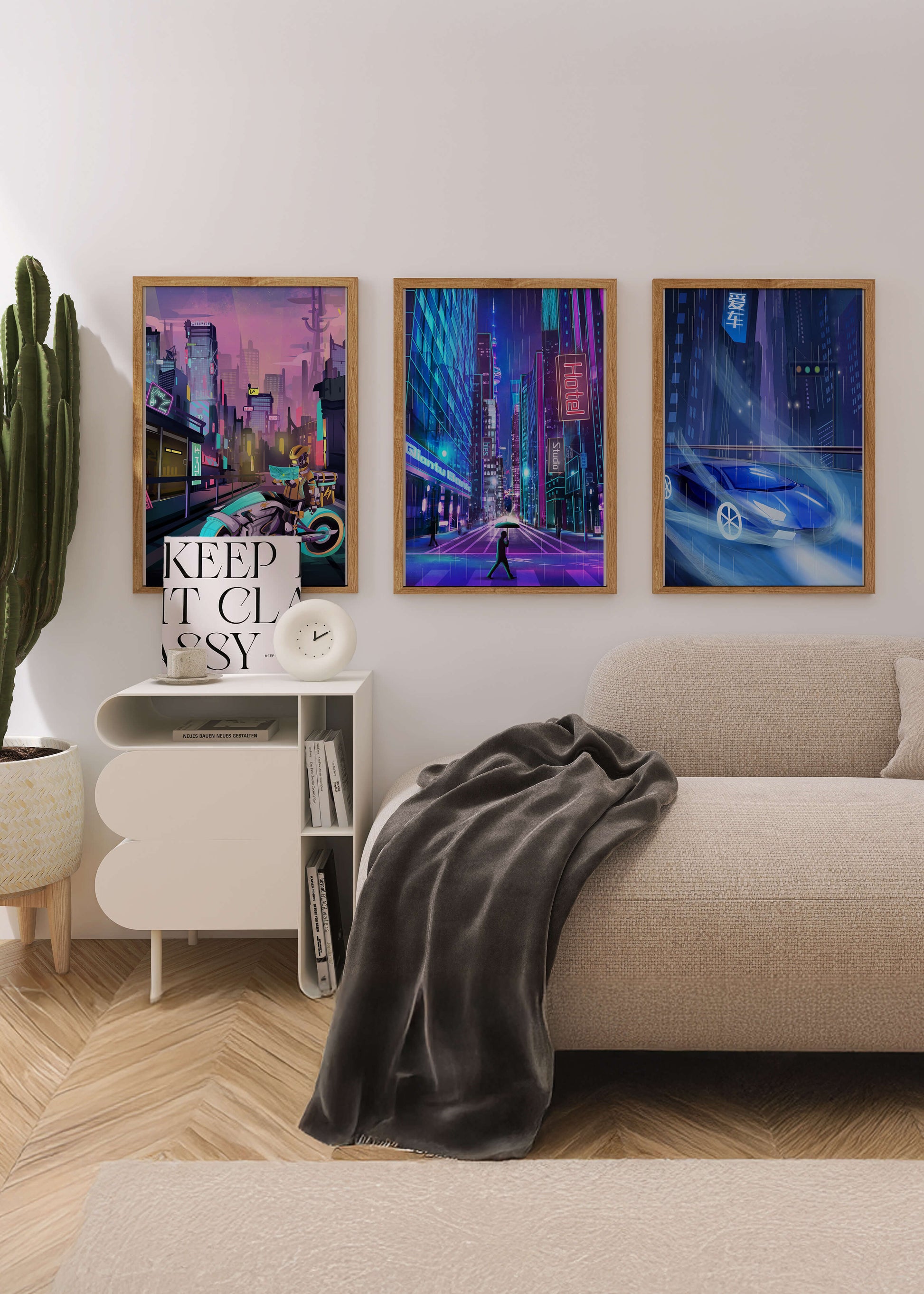 Ensemble d’impressions d’art futuriste avec des villes et des véhicules