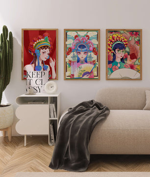 Bunte Postermotive im asiatischen Stil für modernes Interieur