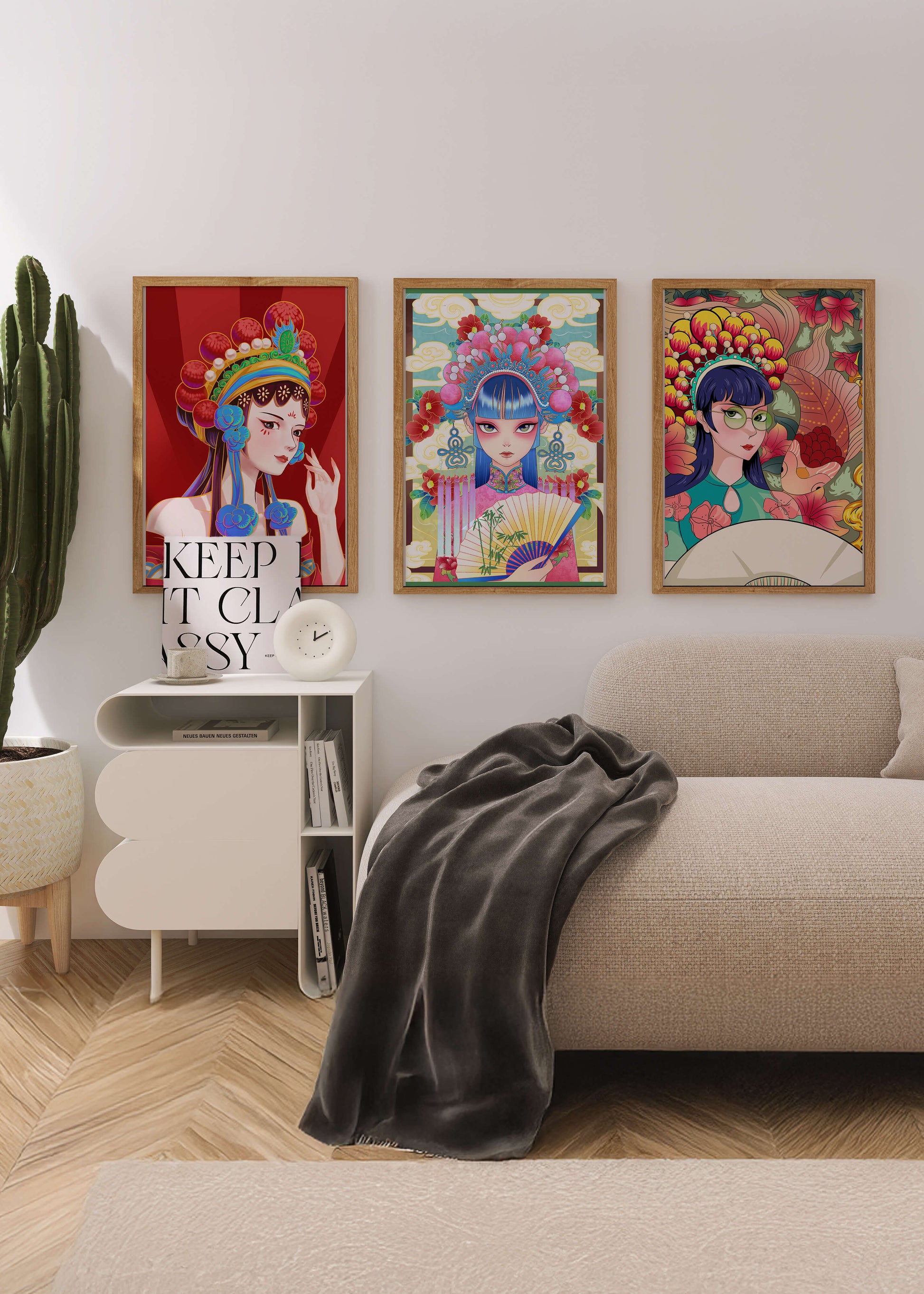 Bunte Postermotive im asiatischen Stil für modernes Interieur