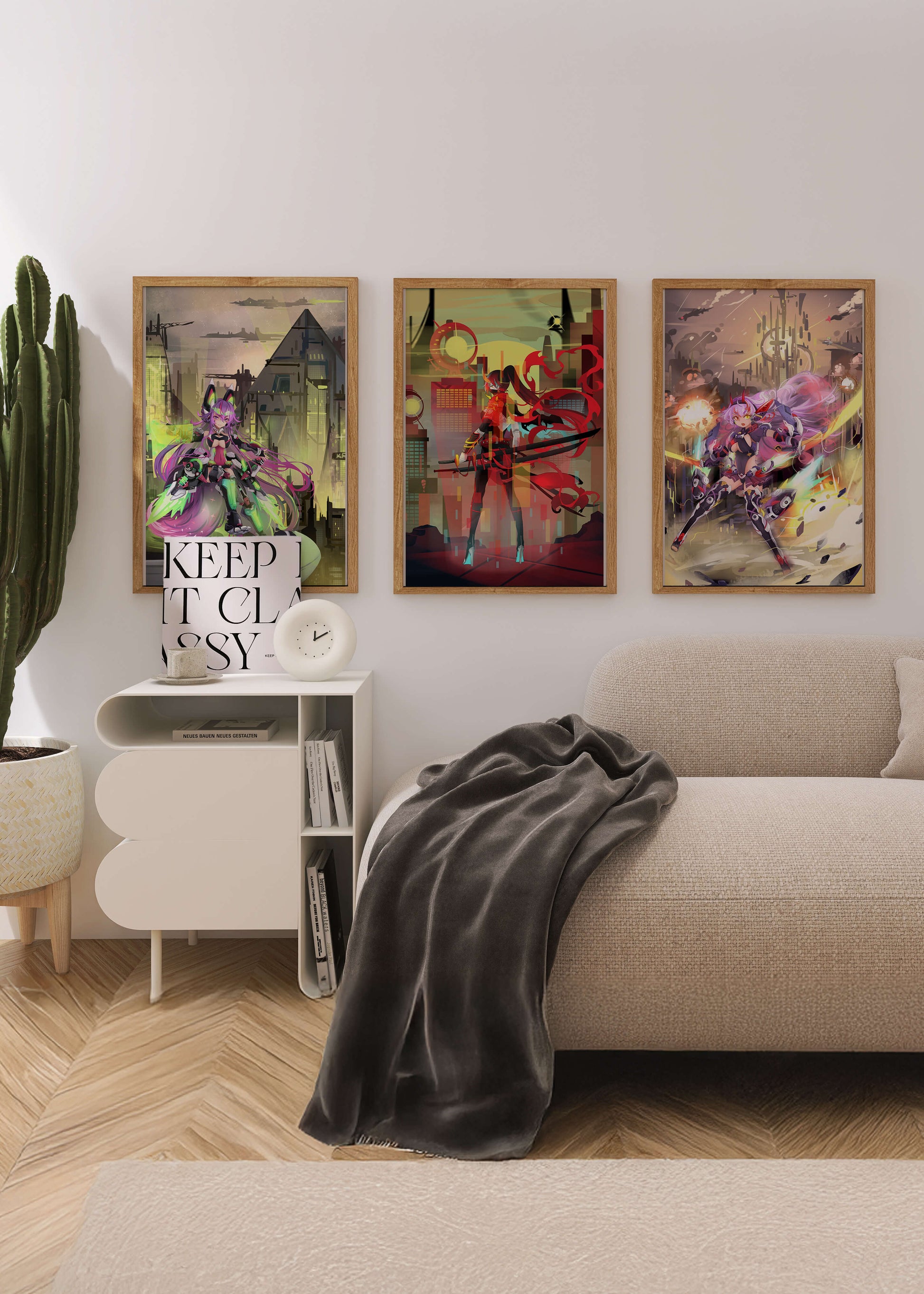 Conjunto De Tres Imágenes Futuristas De Personajes Anime En Una Habitación Moderna