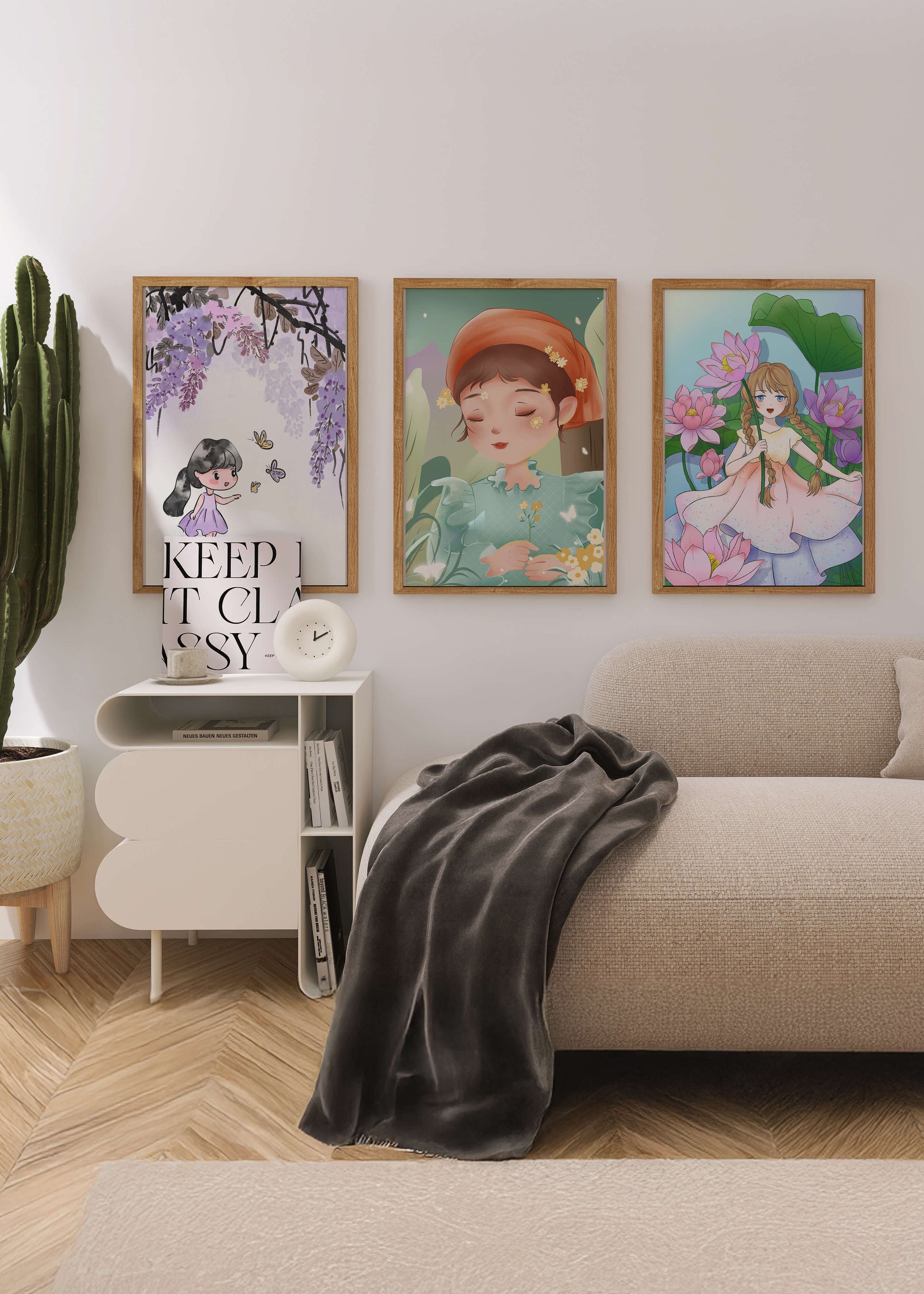 Ensemble d’illustrations artistiques avec des figures féminines sur un sol en bois