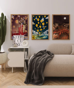 Ensemble de toiles avec éléments asiatiques et lanternes lumineuses