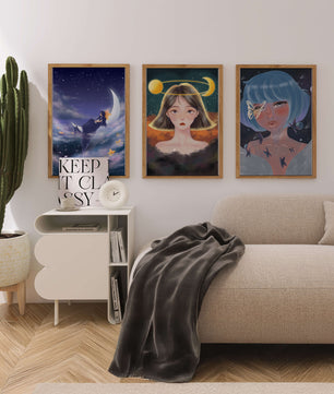 Tríptico De Retratos Ilustrados Con Elementos Astrales