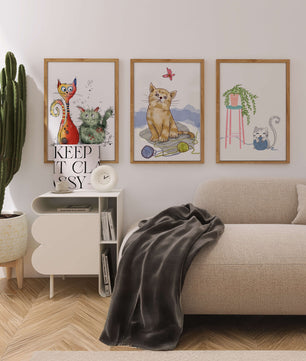 Art illustré de chats dans des cadres en bois