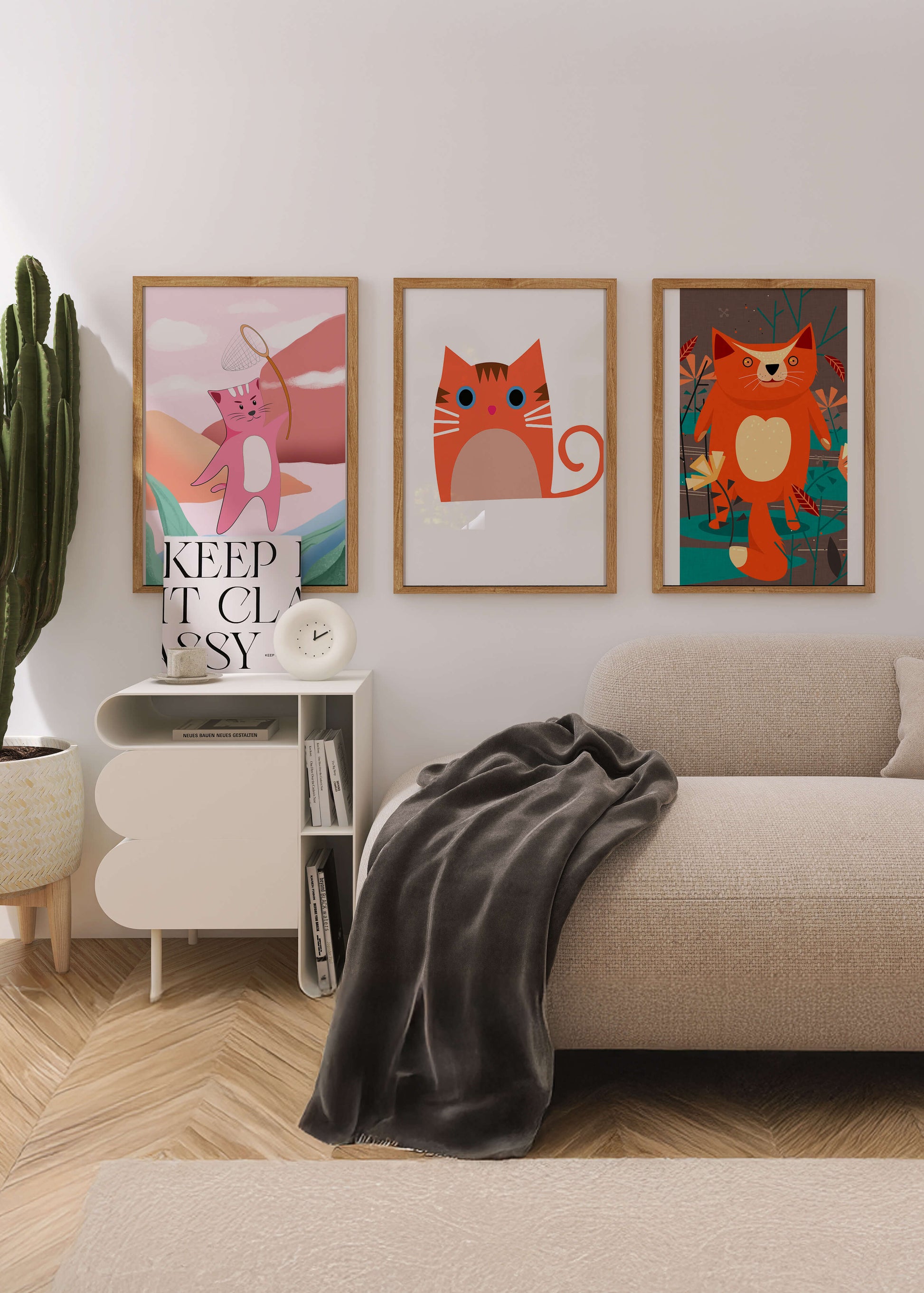 Tríptico De Ilustraciones De Gatos En Diseños Modernos