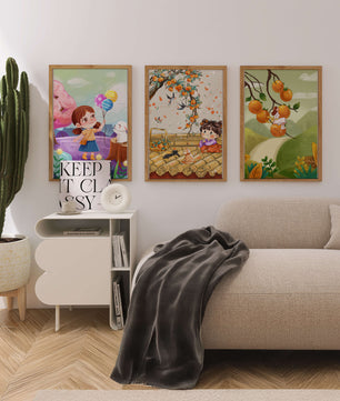 Ensemble de trois illustrations pour enfants avec des fruits et des animaux