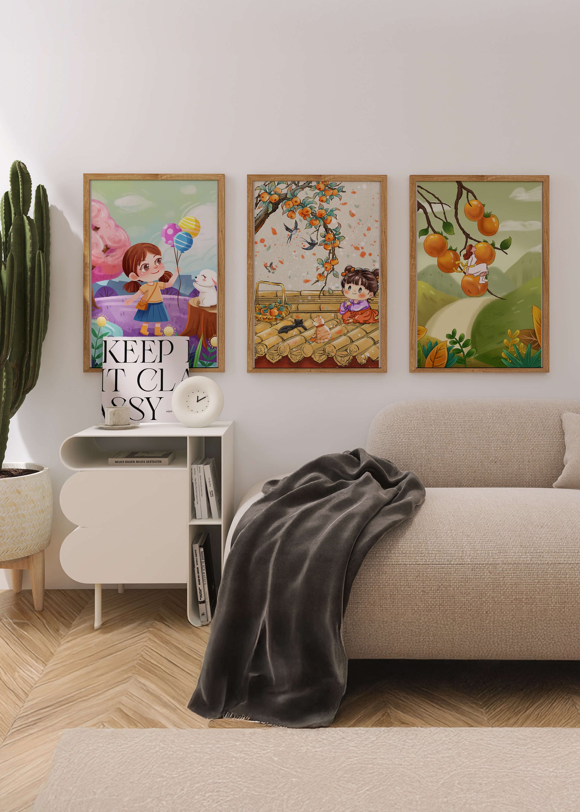 Ensemble de trois illustrations pour enfants avec des fruits et des animaux