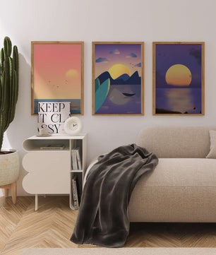 Minimale Sonnenuntergang-Landschaften in digitaler Kunst ohne Rahmen auf Holzboden