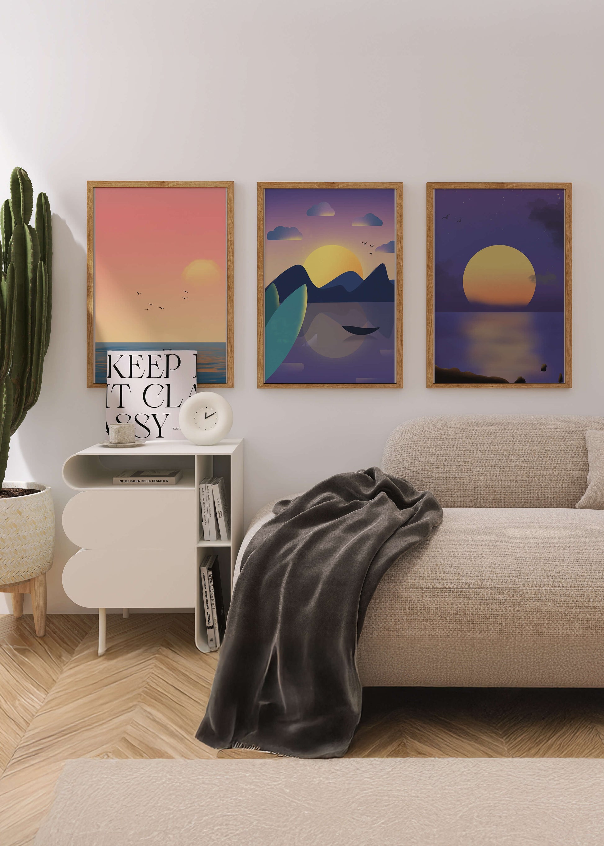Minimale Sonnenuntergang-Landschaften in digitaler Kunst ohne Rahmen auf Holzboden