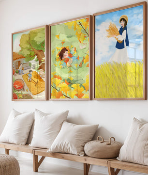 Triptyque d’illustrations d’automne avec des enfants et des paysages