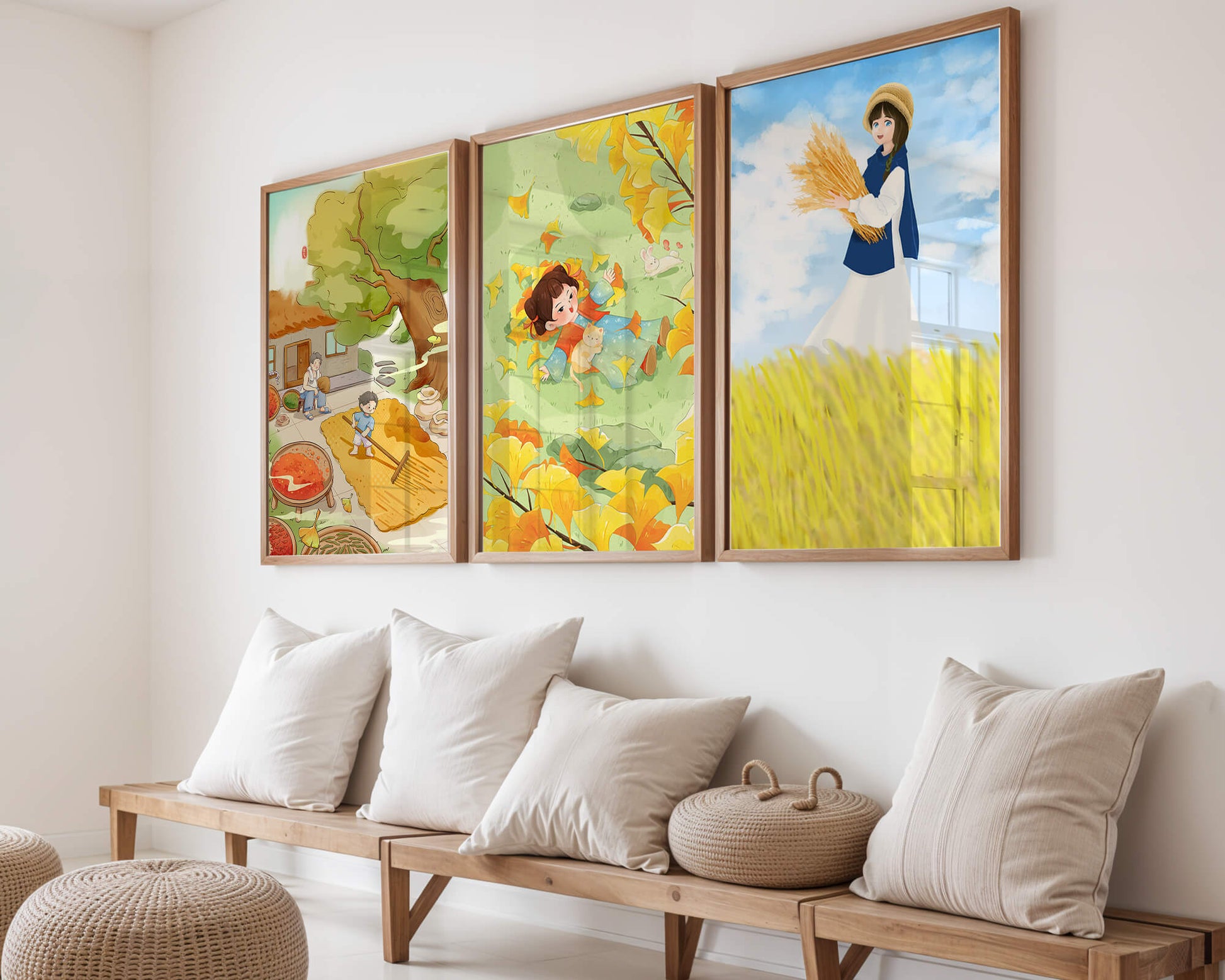 Tríptico de Ilustraciones de Otoño con Niños y Paisajes
